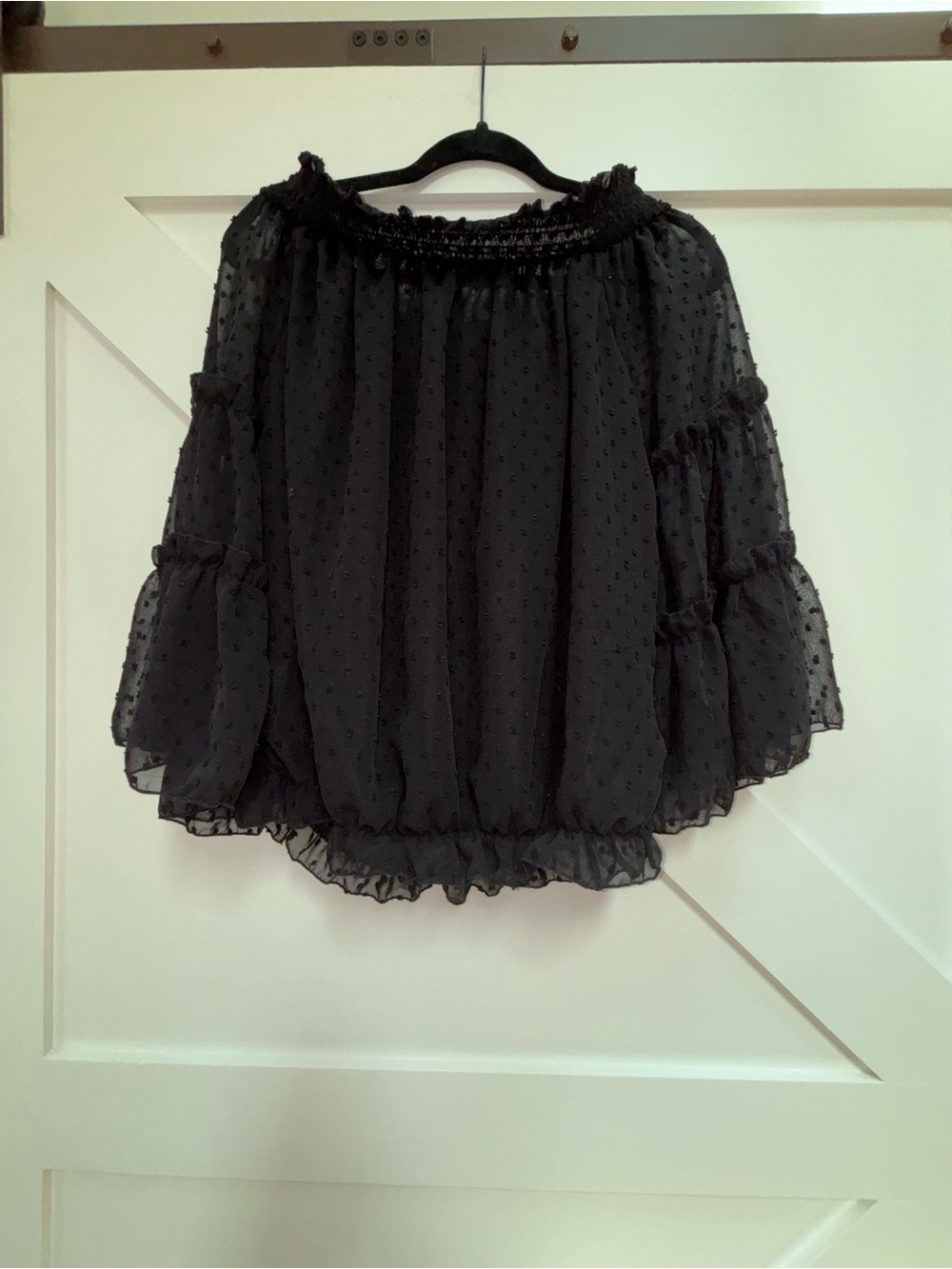 Flowy Black Swiss Dot Off-Shoulder Circle Top